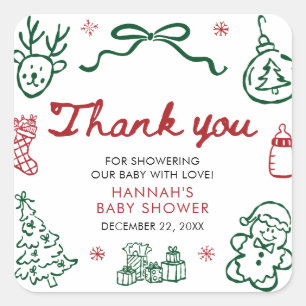 Hand Drawn Red Green Winter Christmas Baby Shower Square Sticker