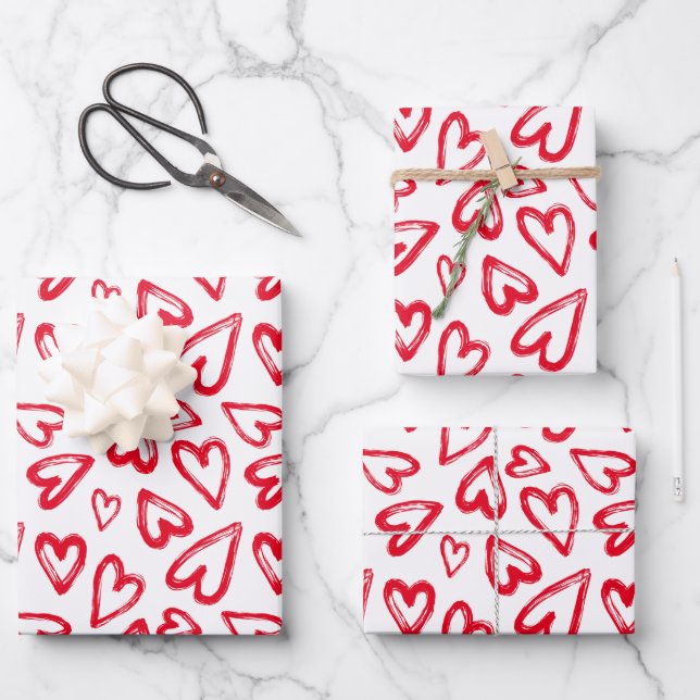 Hand Drawn Red Hearts Valentine's Day Wrapping Paper Sheet (Front)
