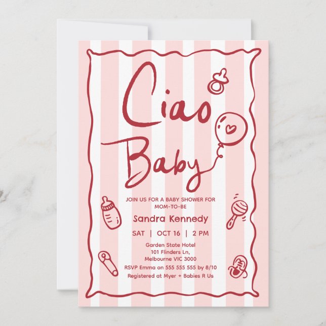 Hand Drawn Red Pink Ciao Baby Baby Shower Invitation (Front)