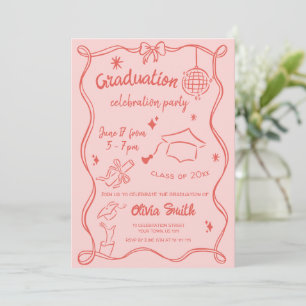 Hand drawn Red  Pink Doodle Photo Graduation Party Invitation