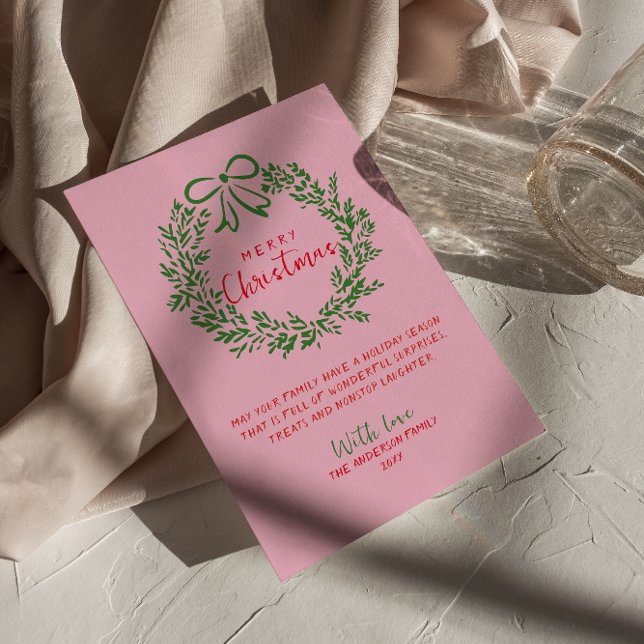  Hand Drawn Red Pink Green Bow Wreath Christmas Holiday Card (Creator Uploaded)