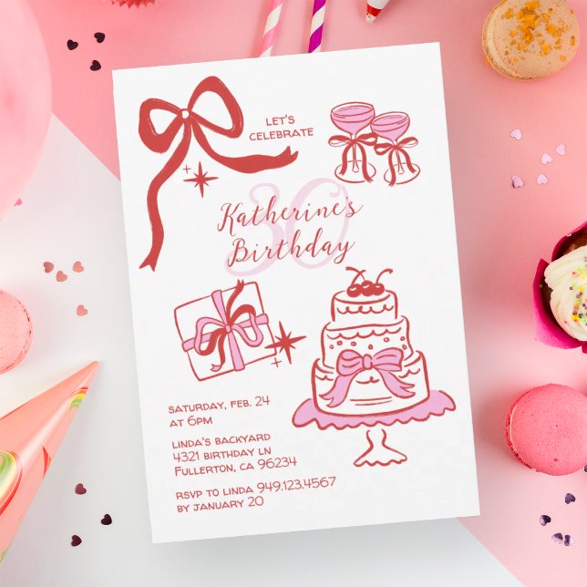 Hand Drawn Red Pink Scribble 30th Birthday Party Invitation (Creator Uploaded)