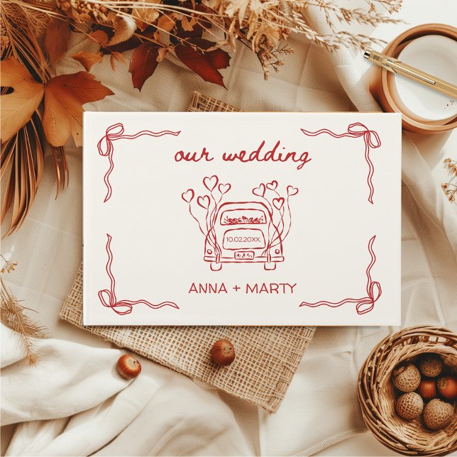 Hand-drawn Red Retro Bows Wedding Car Unique  Guest Book (Wedding Guest Book Hand Drawn Hand Illustrated Hand Written Red Whimsical French Unique Preppy Bow)