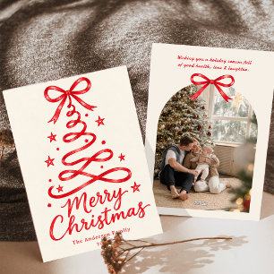 Hand Drawn Red Ribbon Christmas Tree Family Photo Holiday Card