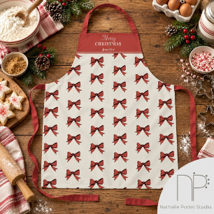 Hand Drawn Red Ribbon Merry Christmas Apron