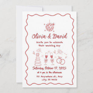 Hand drawn red squiggly lines wedding  invitation
