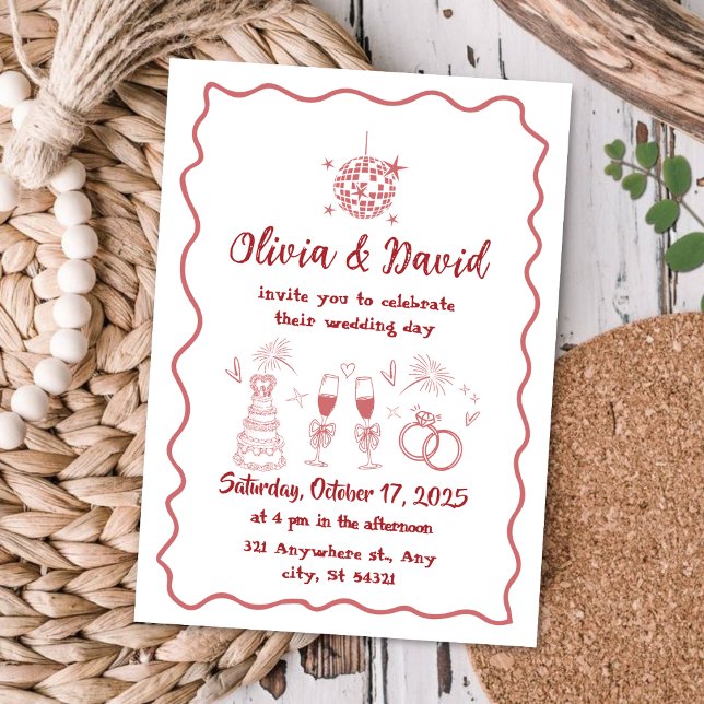 Hand drawn red squiggly lines wedding  invitation (Creator Uploaded)