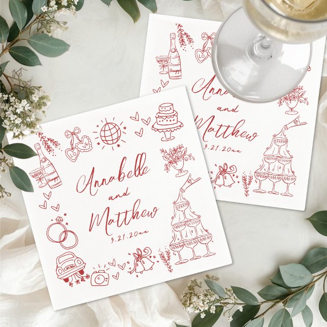 Hand Drawn Red Whimsical Wedding Napkin (Hand Drawn Red Whimsical Wedding Napkins)