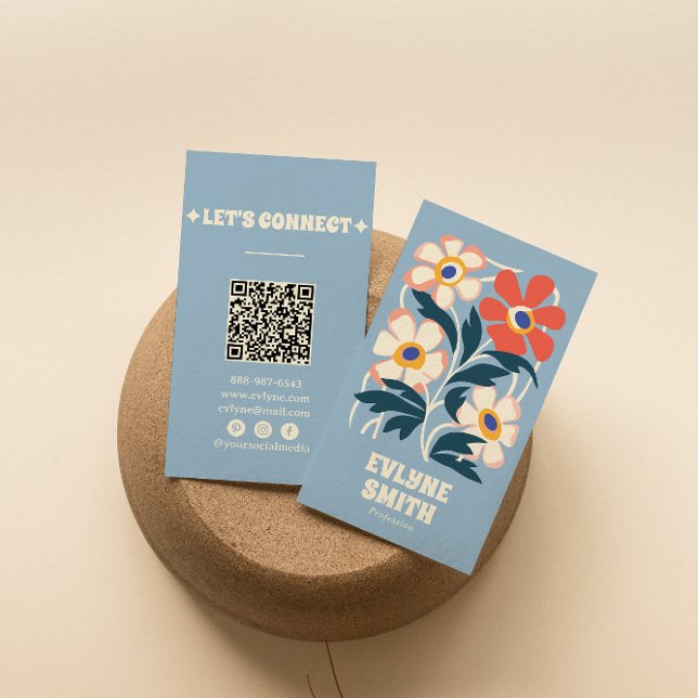 Hand Drawn Retro Blue QR Code Boho Floral Trendy  Business Card (Creator Uploaded)
