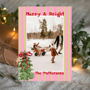 Hand Drawn Retro Citrus Green Pink Photo Christmas Holiday Card