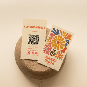 Hand-Drawn Retro Colorful QR Code Boho Bold Floral Business Card