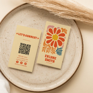 Hand Drawn Retro Colourful QR Code Boho 70s Floral Business Card