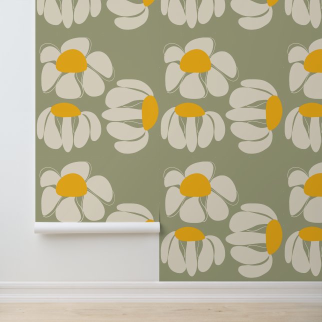 Hand Drawn Retro Dasies Big Floral Green Wallpaper (Application)