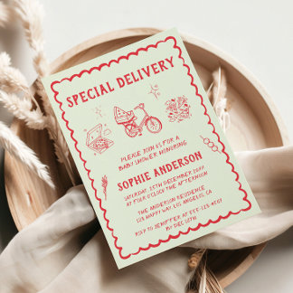Hand Drawn Retro Red Special Delivery Baby Shower Invitation