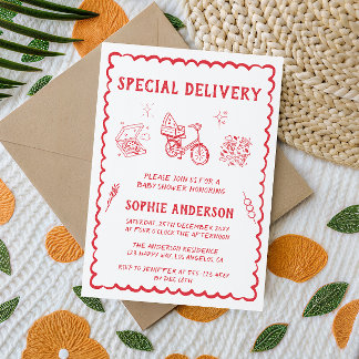Hand Drawn Retro Red Special Delivery Baby Shower Invitation