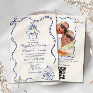 Hand Drawn Retro Ribbon Photo All in One Wedding Invitation