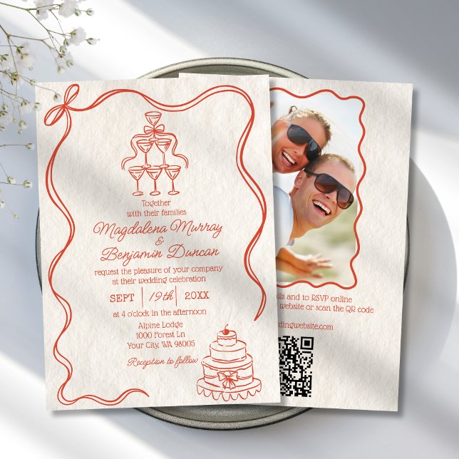 Hand Drawn Retro Ribbon Photo All in One Wedding Invitation (Creator Uploaded)