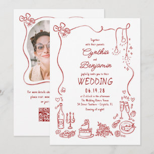 Hand Drawn Retro Whimsical Burgundy Wedding Photo Invitation