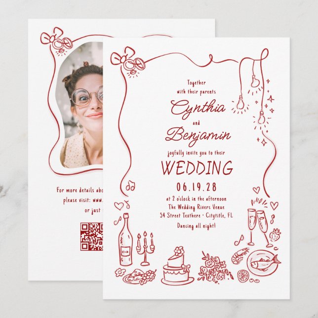 Hand Drawn Retro Whimsical Burgundy Wedding Photo Invitation (Front/Back)