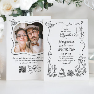 Hand Drawn Retro Whimsical Cocktail Wedding Photo Invitation