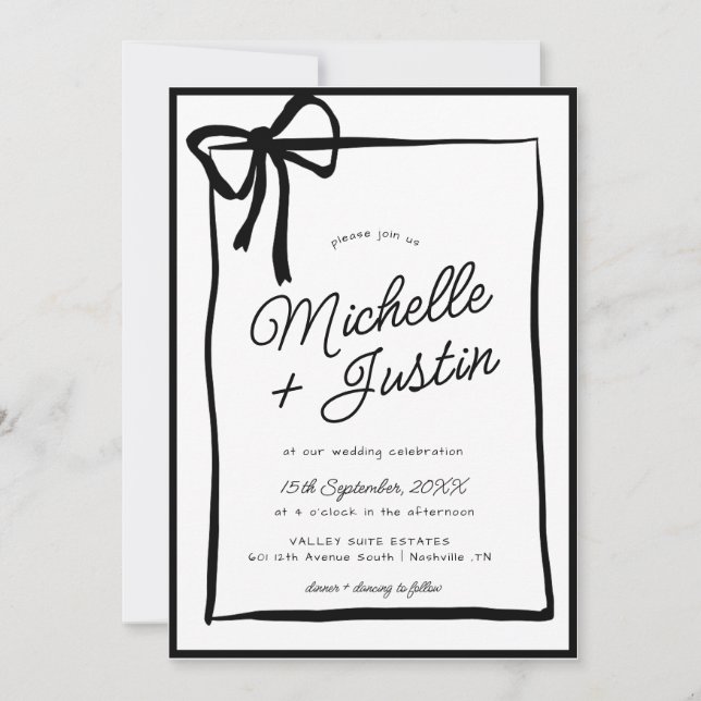 Hand Drawn Ribbon Bow Black White Wedding Invitation (Front)