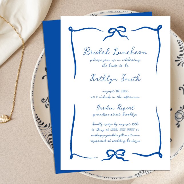 Hand Drawn Ribbon French Blue Bridal Luncheon Invitation (Creator Uploaded)