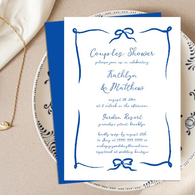 Hand Drawn Ribbon French Blue Couples Shower Invitation (Creator Uploaded)