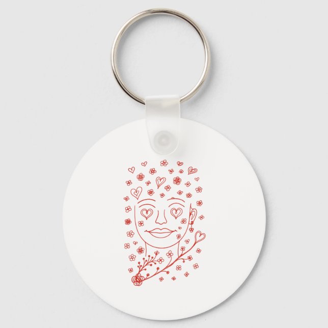 Hand-Drawn Romantic Line Art Face with Hearts and  Keychain (Front)
