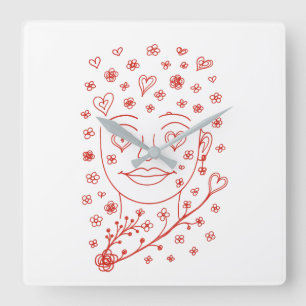 Hand-Drawn Romantic Line Art Face with Hearts and Square Wall Clock
