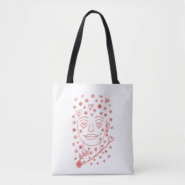 Hand-Drawn Romantic Line Art Face with Hearts and  Tote Bag (Front)