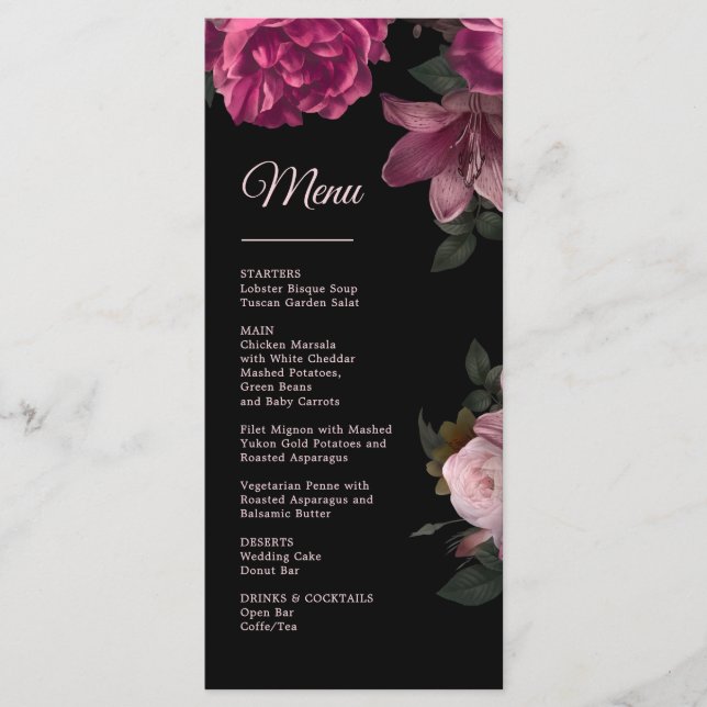 Hand Drawn Roses Dark Romantic Wedding Menu (Front)
