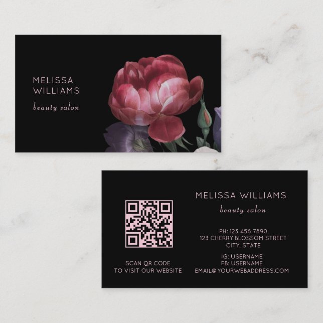 Hand Drawn Roses Flower Black Business Card (Front/Back)
