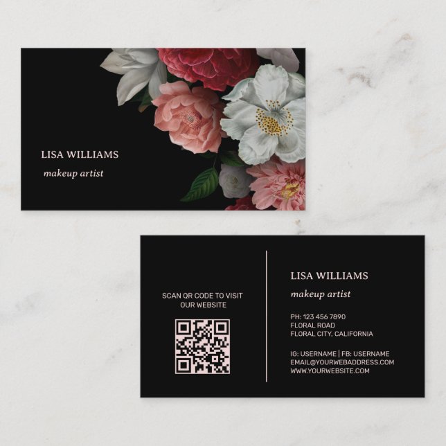 Hand Drawn Roses Flower Black Business Card (Front/Back)