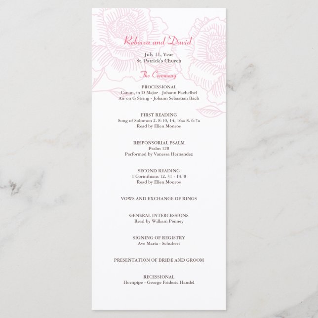 Hand drawn roses wedding program pink (Front)