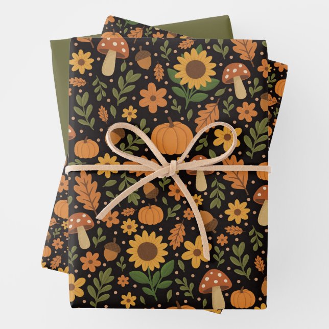 Hand Drawn Rustic Fall Pattern Wrapping Paper Set (In situ)