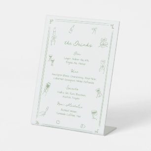 Hand Drawn Sage Green Wedding Bar Drink Menu Pedestal Sign