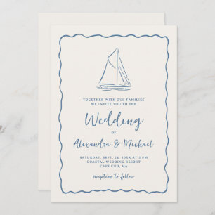 Hand Drawn Sailboat Blue Ivory Nautical Wedding Invitation