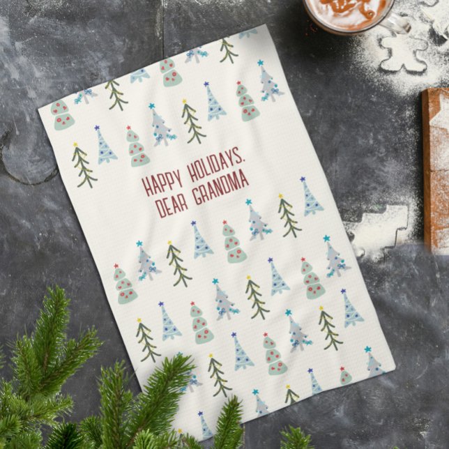 Hand-drawn Scandinavian Christmas trees  Kitchen Towel (Scandinavian Christmas trees kitchen towel, personalize it with your text, gifts for grandparents)