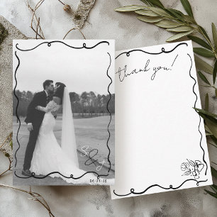 Hand Drawn Scribble Black & White Photo Wedding Thank You Card