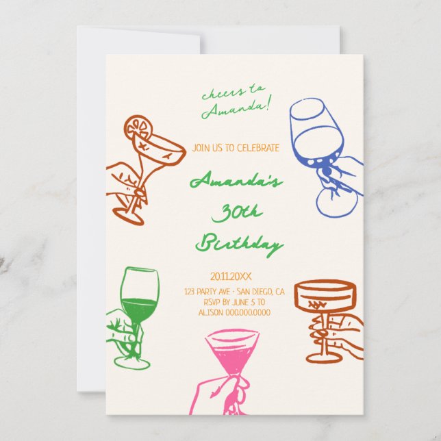  Hand Drawn Scribble Cocktail Birthday invitation (Front)