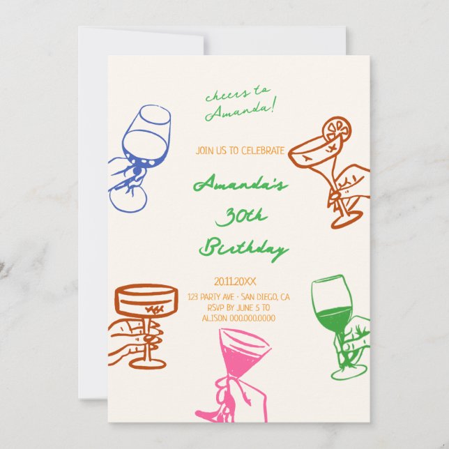  Hand Drawn Scribble Cocktail Birthday invitation (Front)