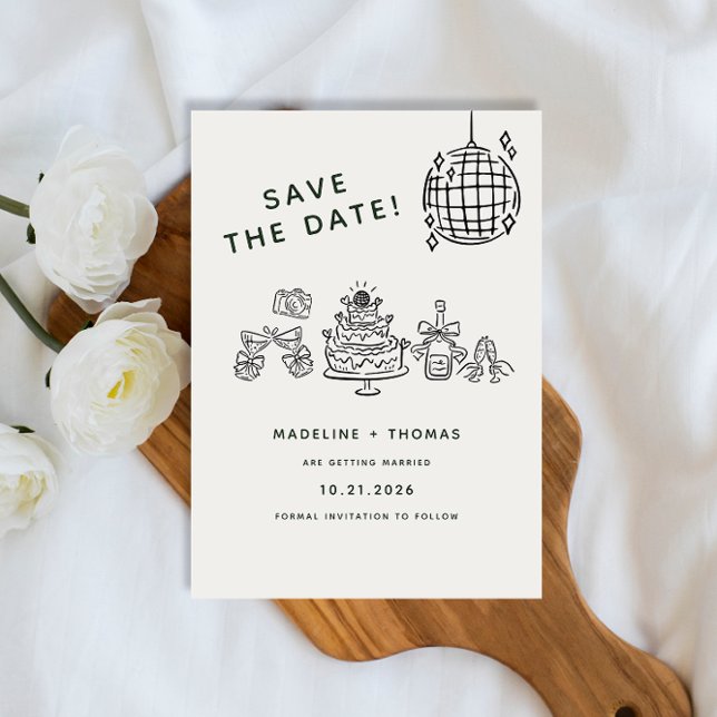 Hand Drawn Scribble Disco Wedding Save The Date Magnetic Invitation (Creator Uploaded)