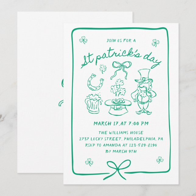 Hand Drawn Scribble Doodles Bow St Patrick's Day  Invitation (Front/Back)