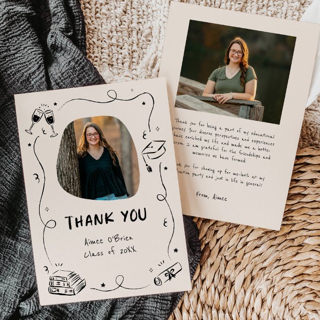Hand-Drawn Scribble Doodles Graduation Thank You Card (whimsical scribble doodles graduation thank you cards with sample wording)