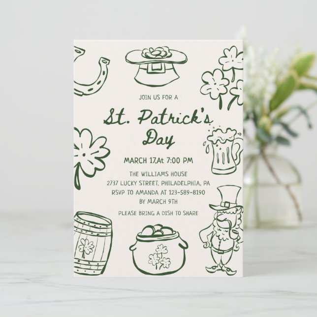 Hand Drawn Scribble Doodles St Patrick's Day Invitation (Standing Front)