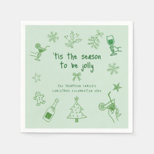 Hand Drawn Scribble Glitter Green Christmas Party Napkin