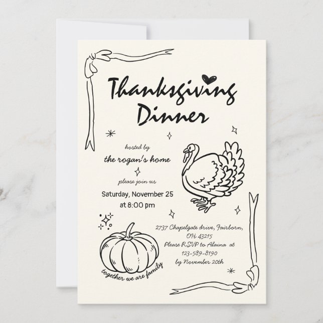 Hand Drawn Scribble Pumpkin Turkey Thanksgiving  Invitation (Front)