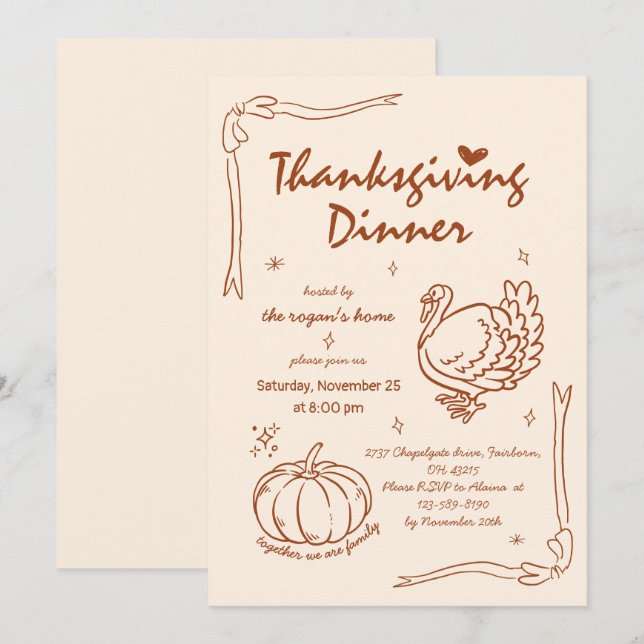 Hand Drawn Scribble Pumpkin Turkey Thanksgiving  Invitation (Front/Back)