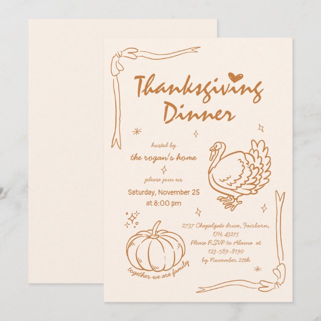 Hand Drawn Scribble Pumpkin Turkey Thanksgiving  Invitation (Front/Back)