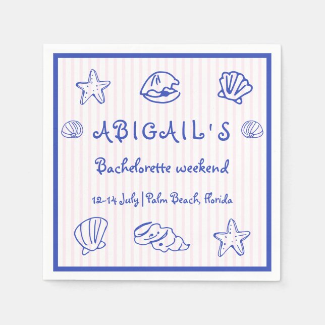 Hand drawn scribble sea shells pink bachelorette napkin (Front)
